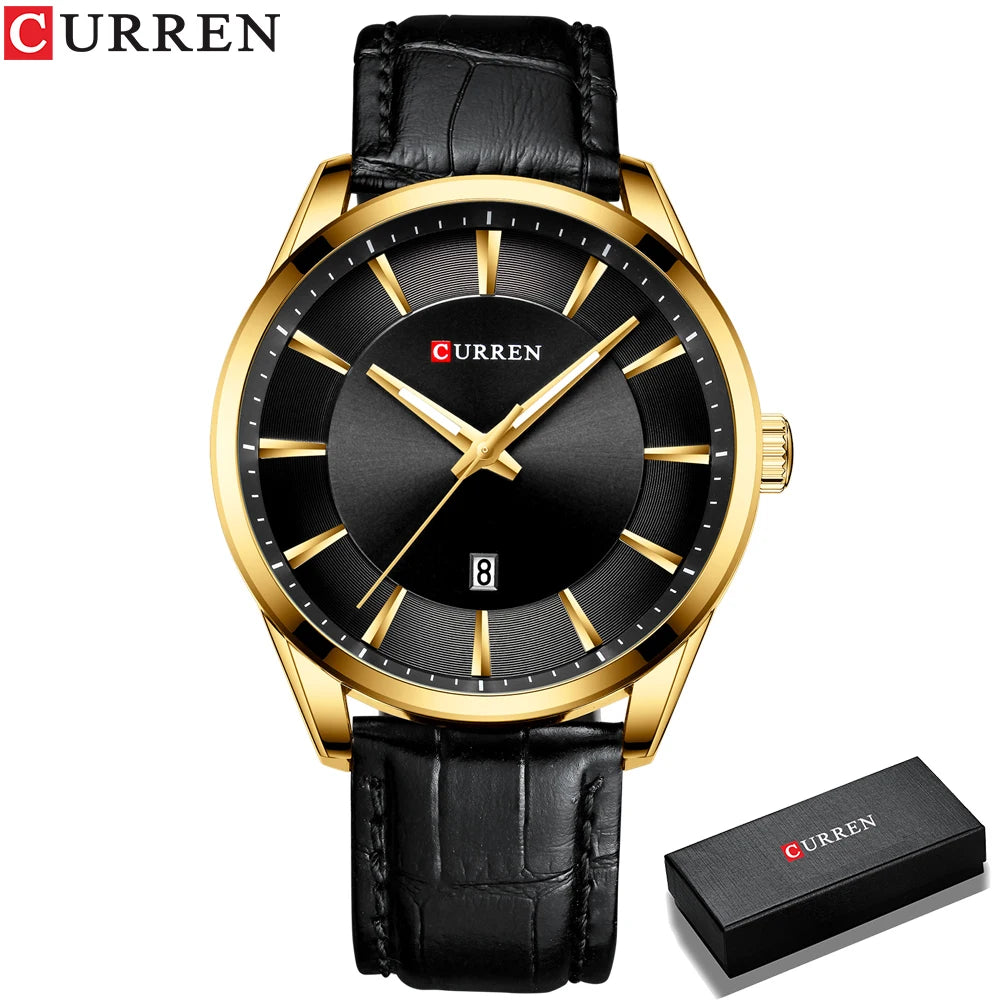 Relógio masculino CURREN casual couro - gold black