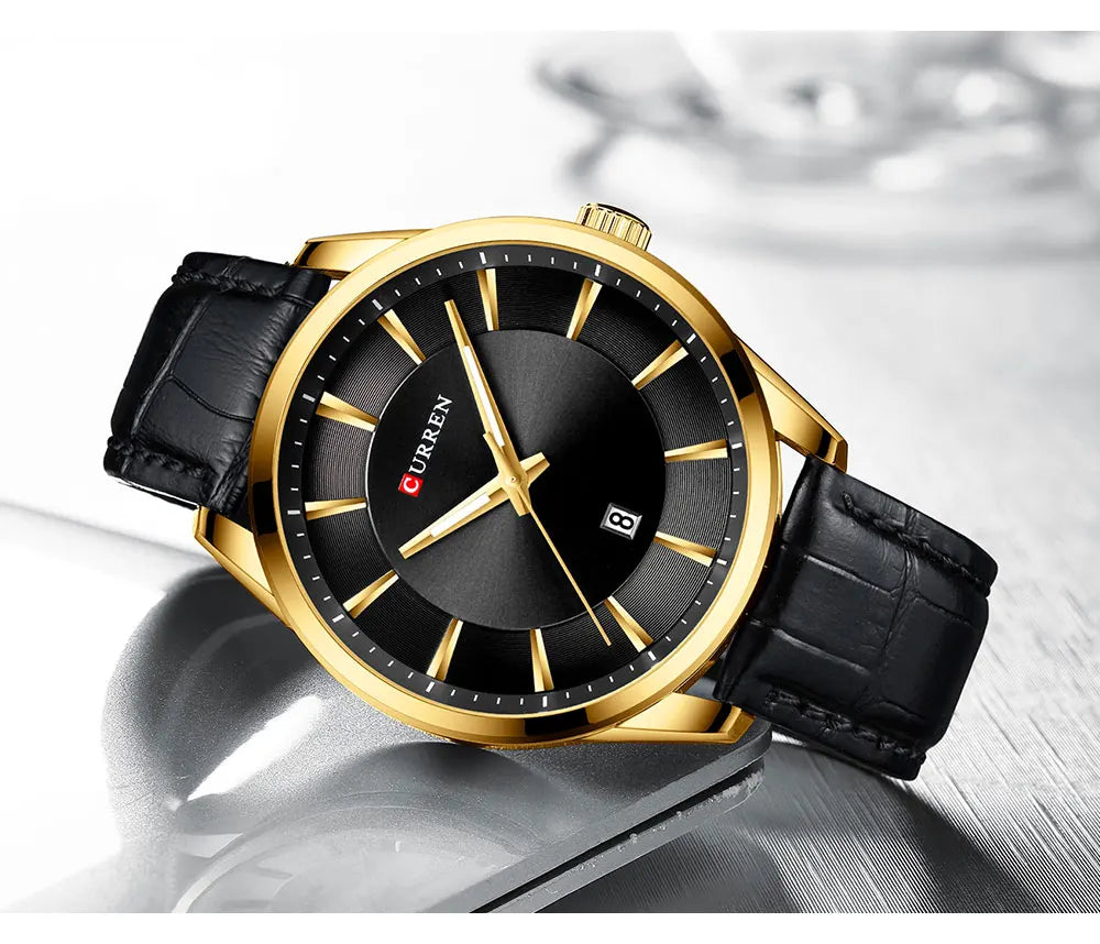 Relógio masculino CURREN casual couro - gold black